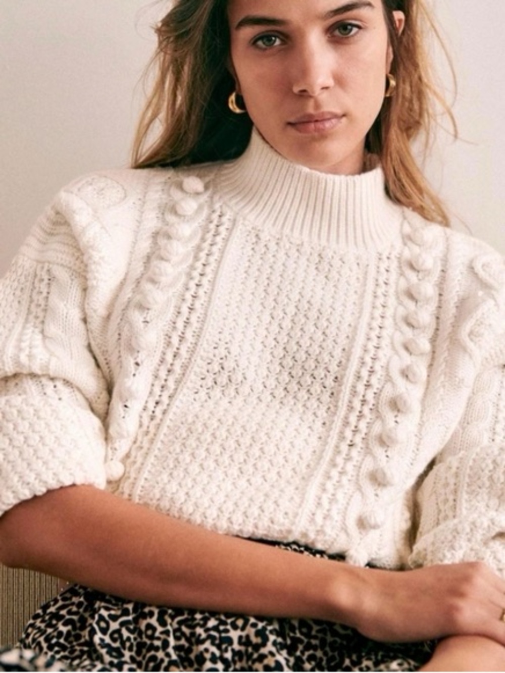 Sezane Cream Cable Mock-Neck Sweater